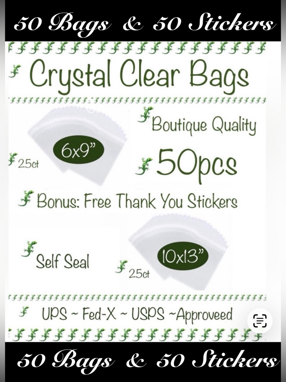 50pcs~ Bundle 25 (6x9”) & 25 (10x13”) Clear Cello Bags w/50ct Free Stickers 🦎🆕